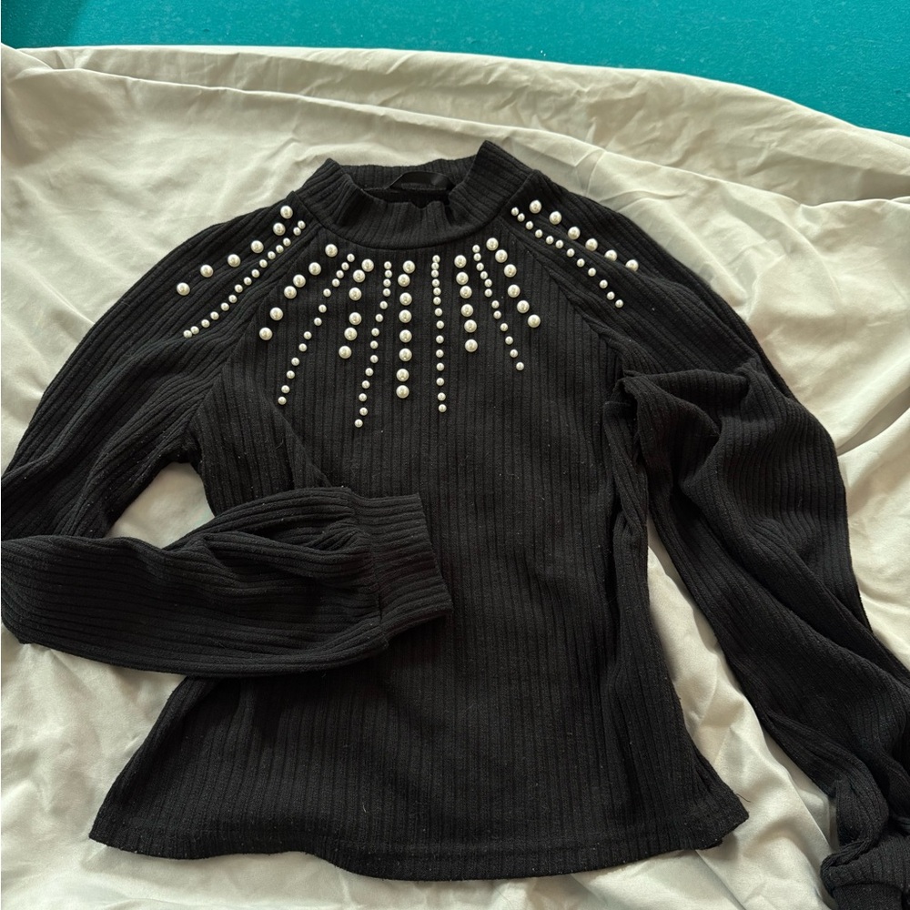 SHEIN Black Ribbed Top with Pearl Details